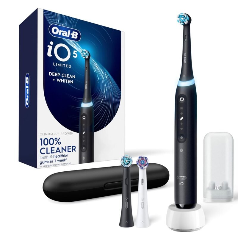 Rechargeable Electric Toothbrush, iO5 Limited Deep Clean & Whiten, 5 Cleaning Modes, Visual Pressure Sensor to Protect Gums, Travel Case, 3 Brush Heads, Black